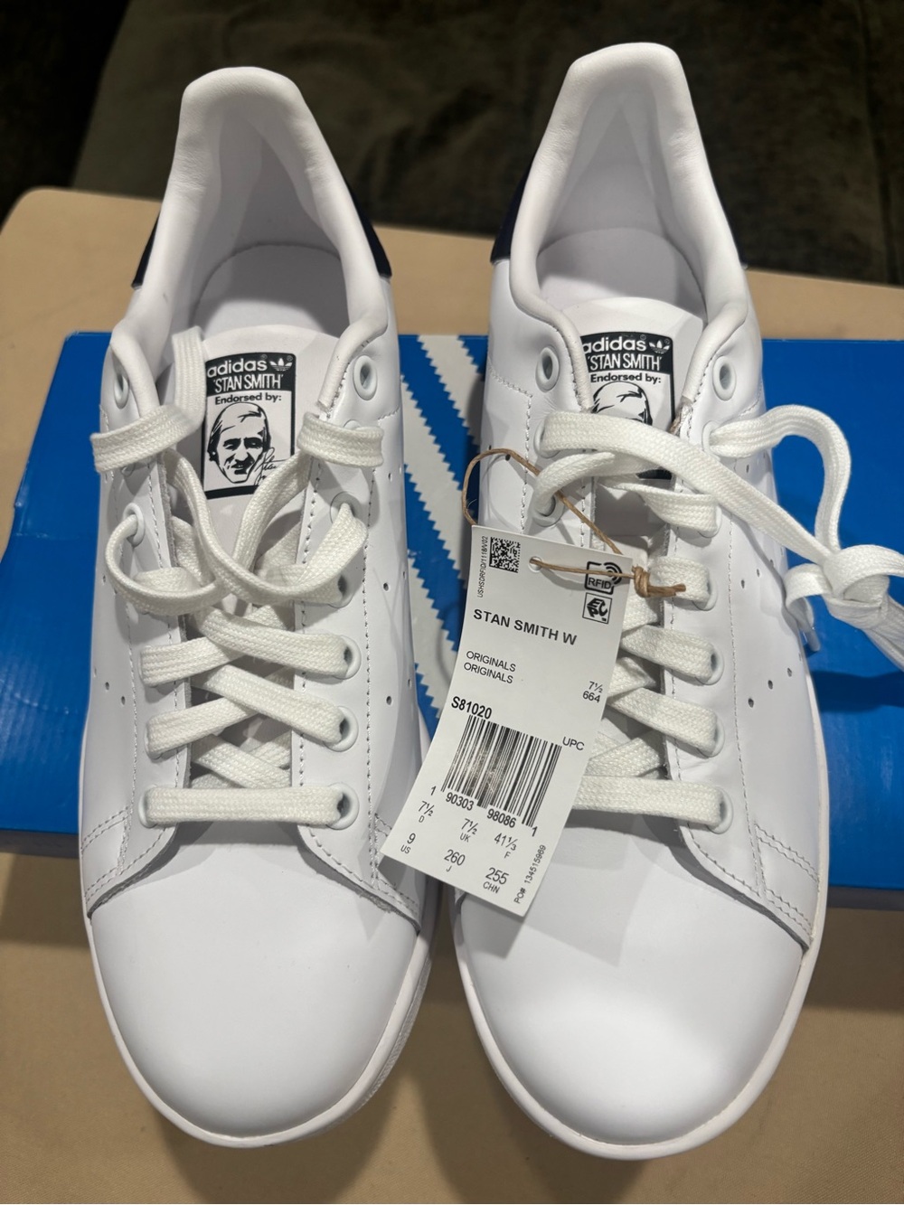 Adidas Stan Smith Original Tennis Athletic Walking White/Blue Women Sneaker NIB